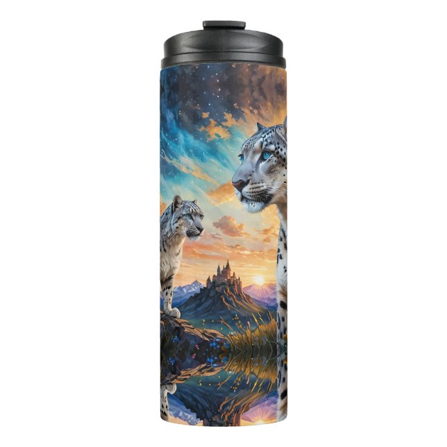 Snow Leopard Wildfire Sunrise Reflexion Thermosbecher (Vorderseite)