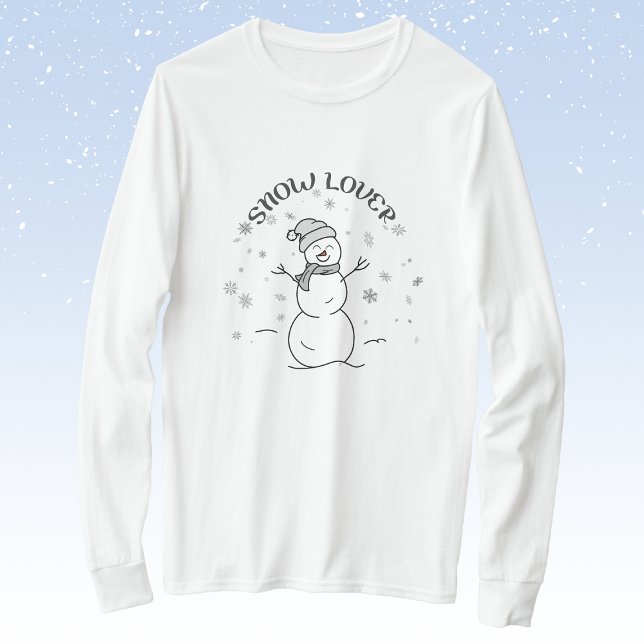Snow Lover Snowman Long-Sleeve T-Shirt             (Long-sleeve white t-shirt with a cute happy hand-drawn snowman, snowflakes, and SNOW LOVER text.)