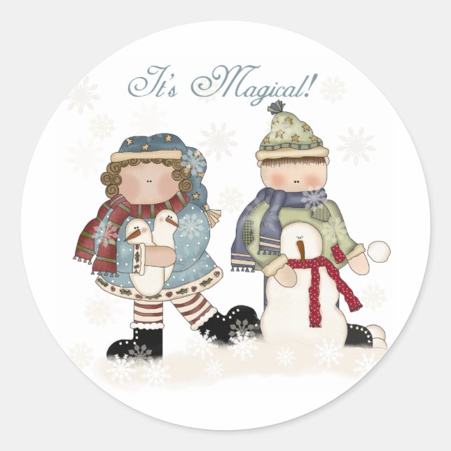 Snow Magic Winter Gebäude Snowmen Runder Aufkleber (Vorderseite)
