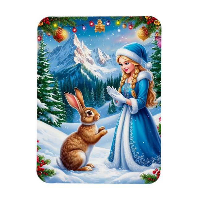 Snow Maiden im Winter-Waldlandschaft mit Kaninchen Magnet (Vertikal)