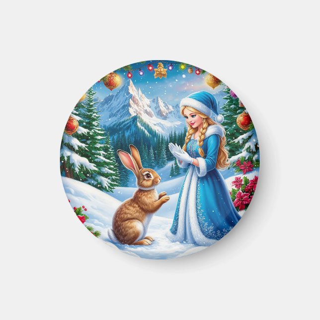 Snow Maiden im Winter-Waldlandschaft mit Kaninchen Magnet (Vorne)