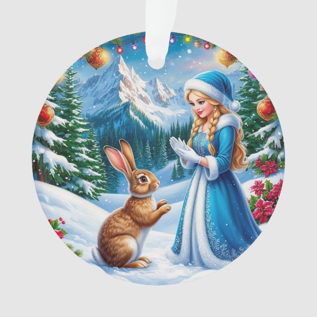 Snow Maiden im Winter-Waldlandschaft mit Kaninchen Ornament (Vorderseite)