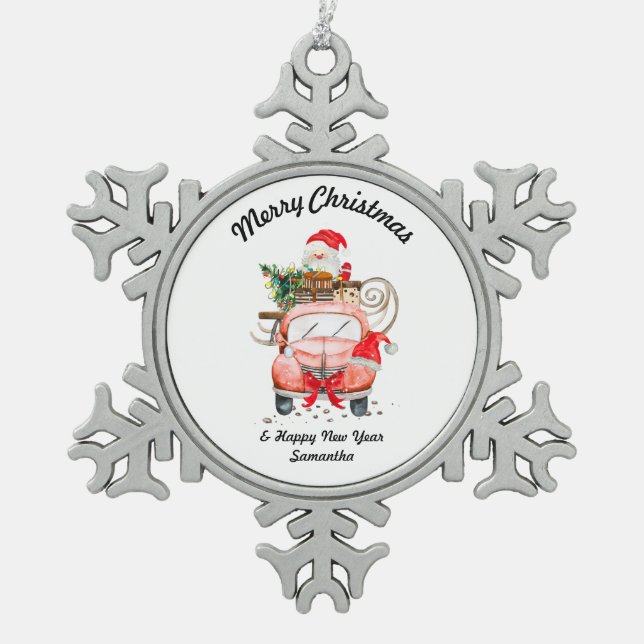 Snow Santa truck merry Christmas Schneeflocken Zinn-Ornament (Vorderseite)