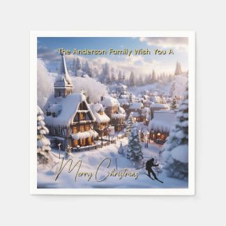 Snow ski chalets editable holiday greeting serviette