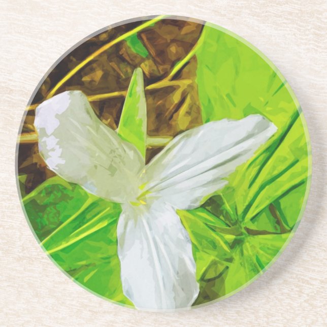 Snow Trillium eine weiße Wildblume Abstrakt Sandstein Untersetzer (Vorne)