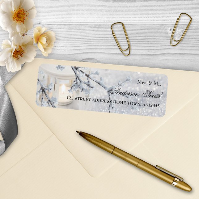 Snow Wedding-Rücksendeadresse (Return address label with a romantic candle lit lantern in a sparkling snow scene)
