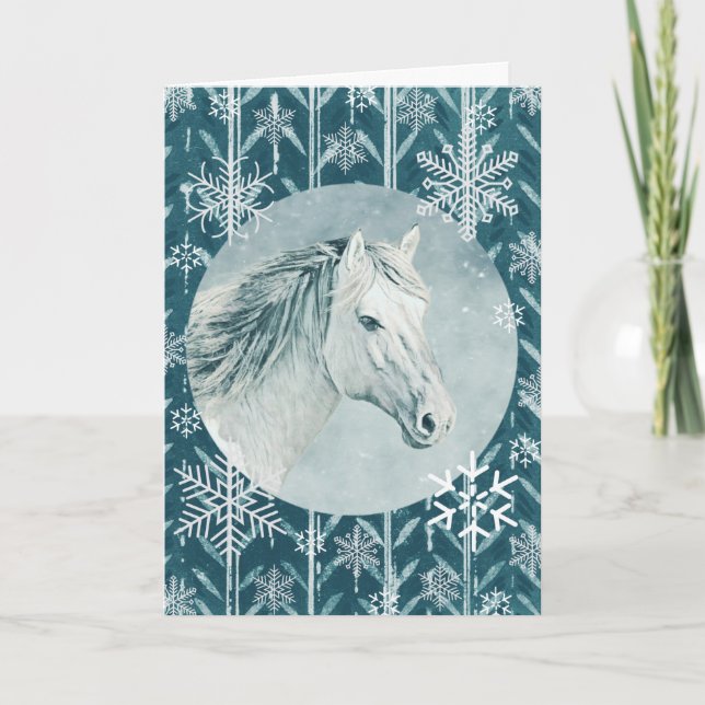 Snow White Horse Snowflake Weihnachtskarte Karte (Vorderseite)
