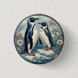 Snow Winter Glacier Blue Mr & Mrs Penguin Couple Button