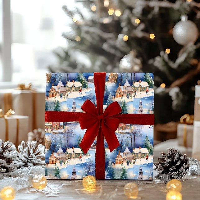 Snow Winter New England Village Weihnachtsfeiertag Geschenkpapier (Snowy Winter Wonderland New England Village Landscape Ice Skating Christmas Holiday Wrapping Paper)