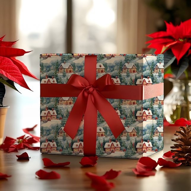 Snow Winter Swiss Village Weihnachtsfeiertag Geschenkpapier (Snowy Winter Wonderland Swiss Village Landscape Christmas Holiday Multi-Colored Wrapping Paper)