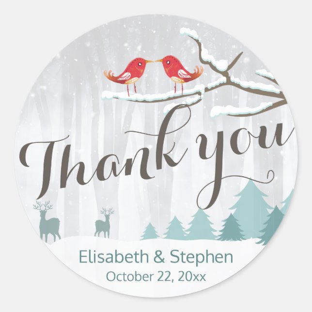 Snow Wonderland Bird Deer Winter Wedding Vielen Da Runder Aufkleber (Vorderseite)