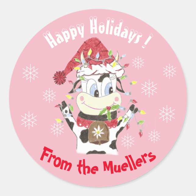 Snowbell la vache - Happy Holidays stickers rose (Devant)