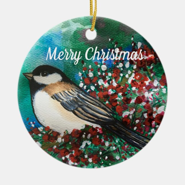 Snowberries Chickadee Frohe Weihnachtssüße Vögel Keramik Ornament (Vorne)