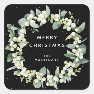 Snowberry+Eucalyptus Wreath Custom Holiday Message Quadratischer Aufkleber