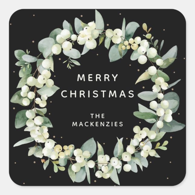 Snowberry+Eucalyptus Wreath Custom Holiday Message Quadratischer Aufkleber (Vorderseite)