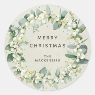 Snowberry+Eucalyptus Wreath Custom Holiday Message Runder Aufkleber