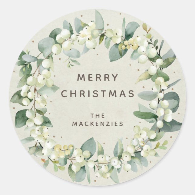 Snowberry+Eucalyptus Wreath Custom Holiday Message Runder Aufkleber (Vorderseite)