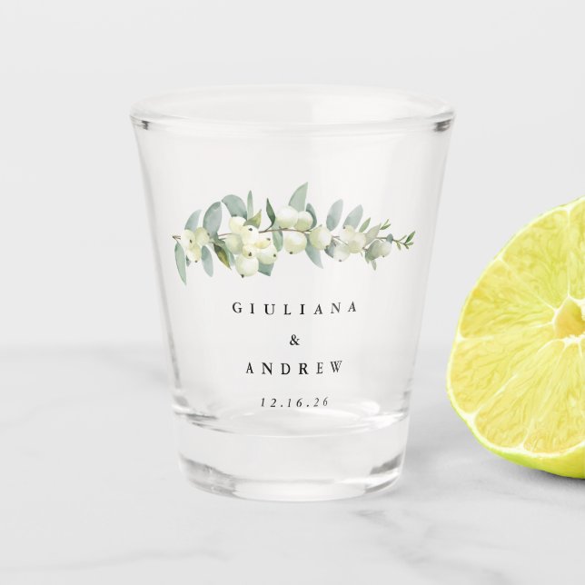 Snowberry & Eukalyptus Personalisiert Wedding Schnapsglas (Vorderseite)