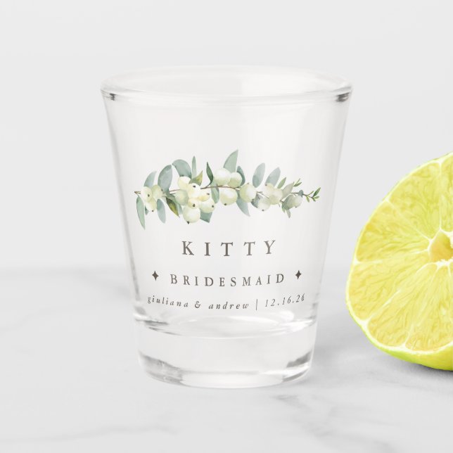 Snowberry & Eukalyptus Personalisierte Hochzeitsfe Schnapsglas (Vorderseite)