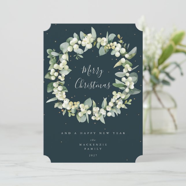 Snowberry + Eukalyptus Weihnachtsschrei Nicht-Foto Feiertagskarte (Stehend Vorderseite)