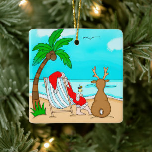 Snowbird Christmas, Santa and Reindeer on Beach Keramikornament