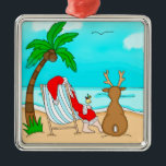 Snowbird Christmas, Santa and Reindeer on Beach   Ornament Aus Metall<br><div class="desc">Wishing you a Merry Christmas from the beach! Funny snowbird holiday ornament with hand drawn Santa Claus and reindeer sitting on the beach drinking a Pina colada.</div>
