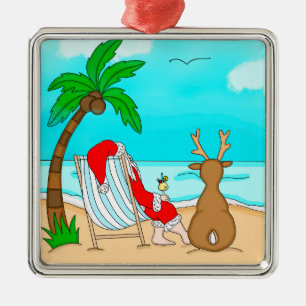 Snowbird Christmas, Santa and Reindeer on Beach Ornament Aus Metall