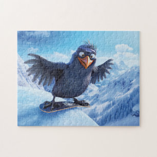 Snowboard fahrender Rabe im Winter Toon-Stil