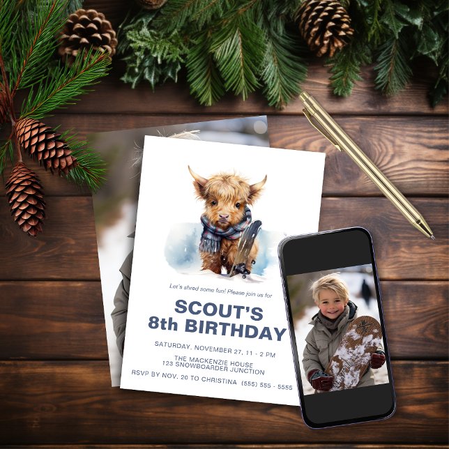 Snowboard Highland Cow Photo Invitation (Créateur téléchargé)