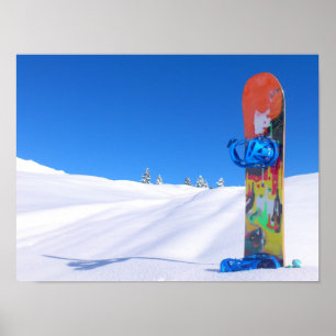 Snowboard in Fresh Snow, Blue Sky Poster