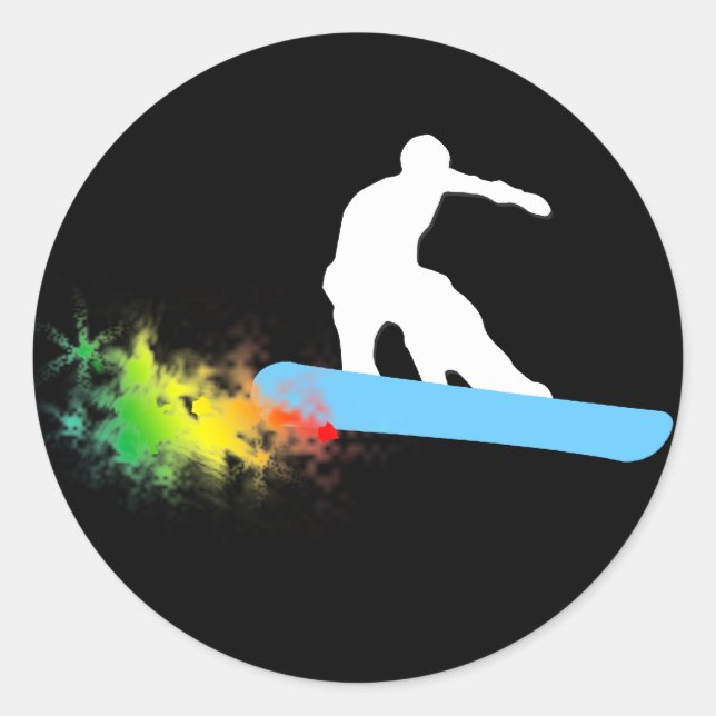 Snowboard. Regenbogen. Runder Aufkleber (Vorderseite)