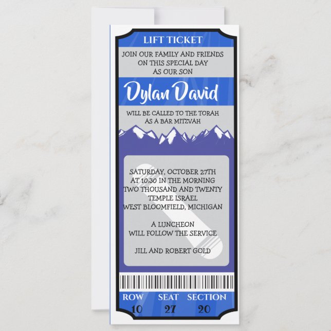 SNOWBOARD TICKET Bar Bat Mitzvah Einladung (Vorderseite)