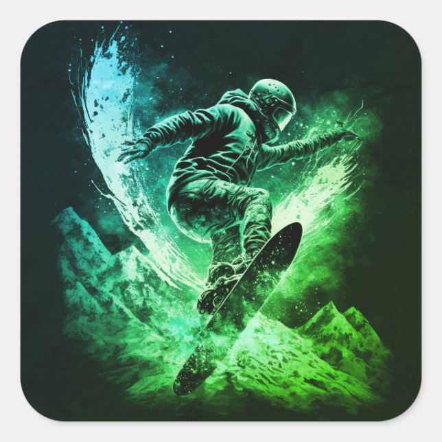 Snowboarden Wintersportgebirge Quadratischer Aufkleber (Vorderseite)
