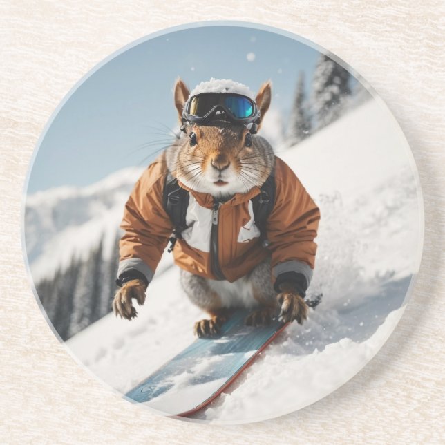 Snowboarder Eichhörnchen Winterzeit Whimsisches Ti Getränkeuntersetzer (Vorne)