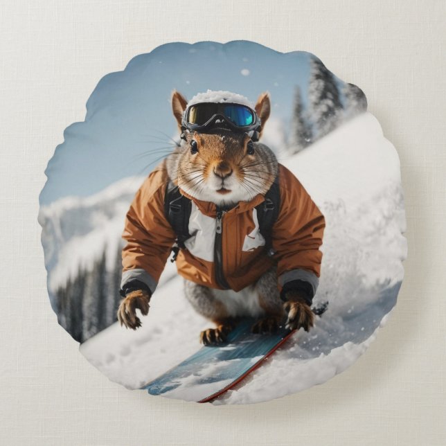 Snowboarder Eichhörnchen Winterzeit Whimsisches Ti Rundes Kissen (Vorderseite)