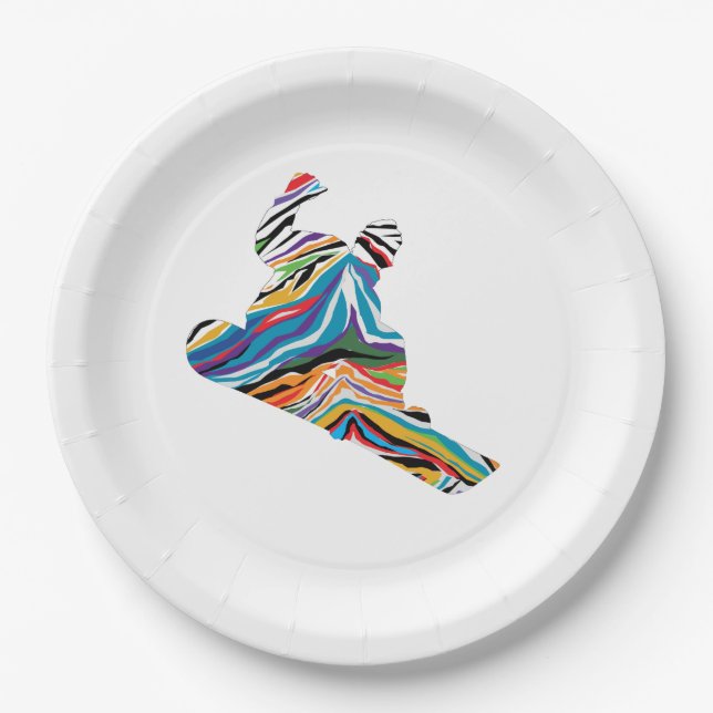 Snowboarder in Psychedelic Zebra Pappteller (Vorderseite)