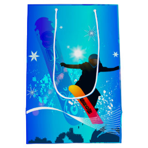 Snowboarding, Snowboarder mit Brett auf blauem Mittlere Geschenktüte