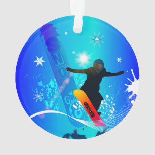 Snowboarding, Snowboarder mit Brett auf blauem Ornament