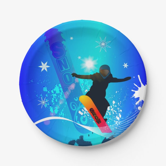 Snowboarding, Snowboarder mit Brett auf blauem Pappteller (Vorderseite)