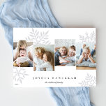 Snowdrop 4 Foto Collage Hanukkah Feiertagskarte<br><div class="desc">Einzigartig modernes Hanukkah-Kartendesign besticht durch Fotos,  die nebeneinander liegen und im Hintergrund übergroße pastellfarbene Schneeflocken-Silhouetten aufweisen. Personalisieren Sie mit Ihren Familiennamen und dem Jahr unter "Joyous Hanukkah" in klassischer Schrift.</div>