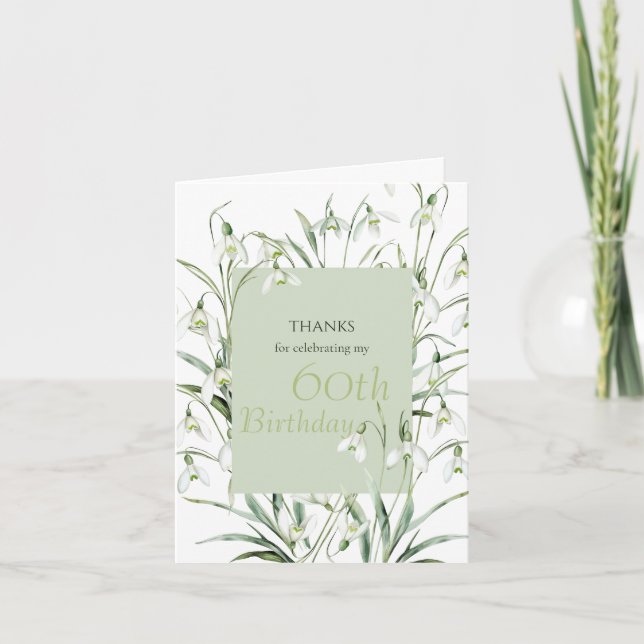 Snowdrop 60th Birthday Watercolor Botanical Green Dankeskarte (Vorderseite)