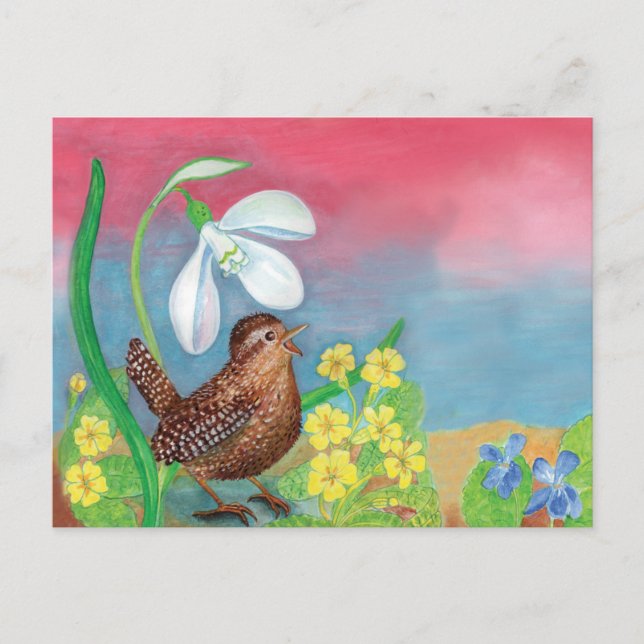 Snowdrop & wren bird & spring postkarte (Vorderseite)