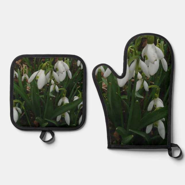 Snowdrops I (Galanthus) Frühlingsflora Ofenhandschuh & Topflappen-Set (Vorderseite)