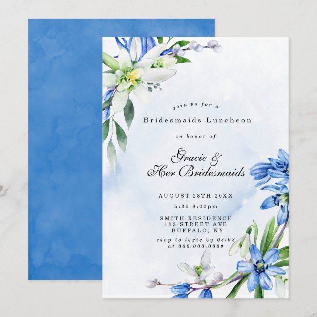 Snowdrops Scilla Bridesmaids Luncheon Einladung (Vorne/Hinten)