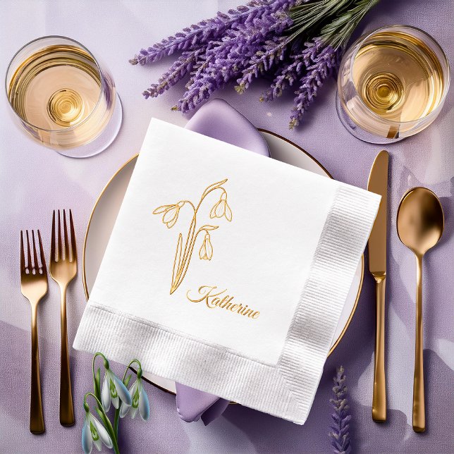 Snowdrops Winter Floral Name Servietten Mit Folie (Elegant Snowdrops Winter Floral and Name Stamped Foil Napkins)