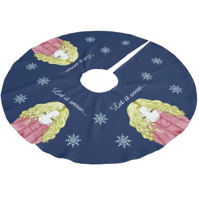 Snowfall Girl Christmas Tree Skirt Polyester Weihnachtsbaumdecke (Schrägansicht)