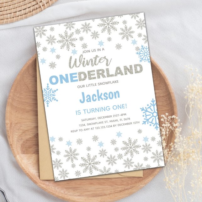 Snowflake 1. Geburtstagskarte Einladung (Blue Silver SnowFlake Winter Birthday Onederland Invitation)