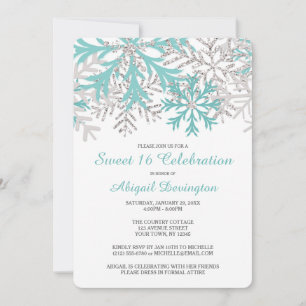 Snowflake Aquamarin Blue Silver Winter Sweet 16 Ei Einladung