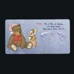 Snowflake Bear & Bunny Shipping Label<br><div class="desc">Zu Weihnachten steht ein Teddybär und sein sonniger Freund mit blauem Schneeflockenhintergrund. Text ist bereit für Sie,  um mit Ihren Informationen anpassen.</div>