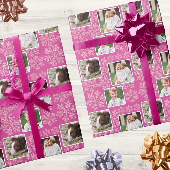 Snowflake Berry Bling 3 Foto Collage Weihnachten Geschenkpapier (Add 3 of your pictures to this photo wrapping paper in chic dark pink and faux glitter snowflakes)